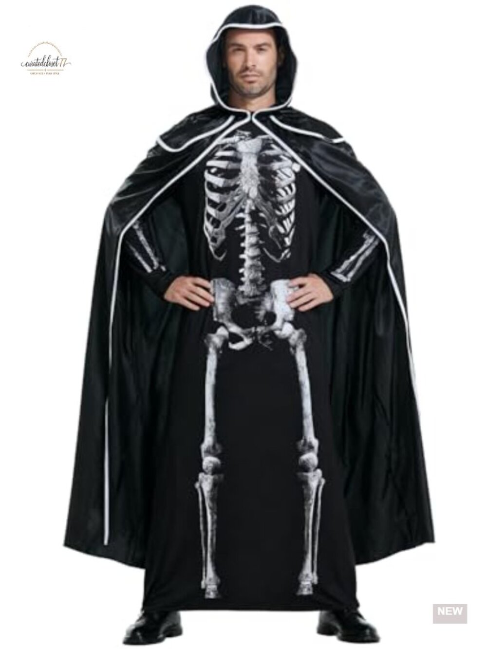 Men's Skeleton Costume with Hooded Cape, Loose Fit, Halloween Cosplay
